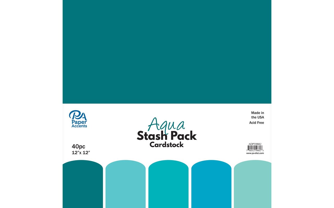 PA Paper Accents Stash Pack Cardstock Pack 12" x 12" Aqua colored cardstock paper for card making, scrapbooking, printing, quilling and crafts, 65lb., 40 pieces